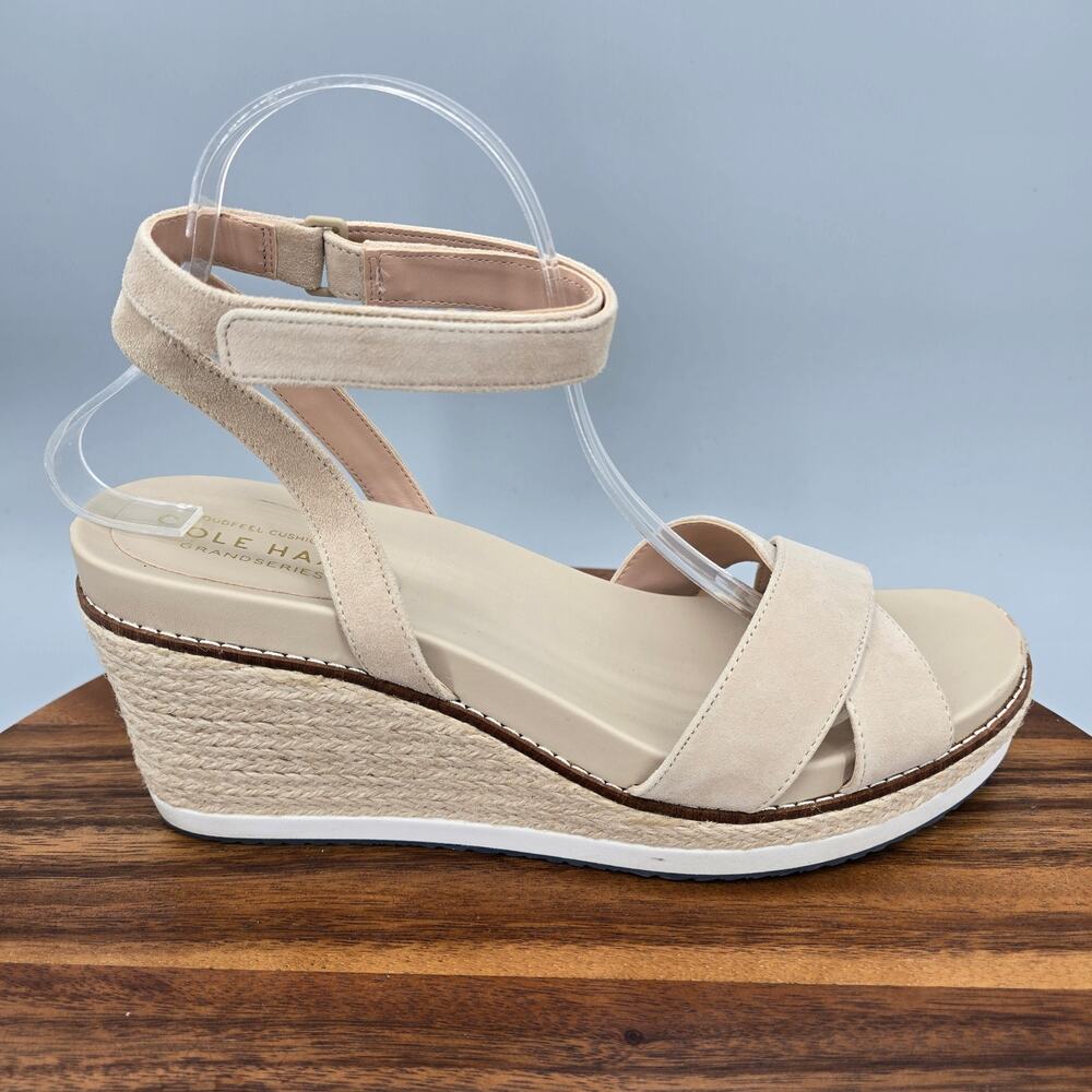 Cole Haan Sandals Womens 10B Beige Leather Ankle Cross Strap Espadrille Platform